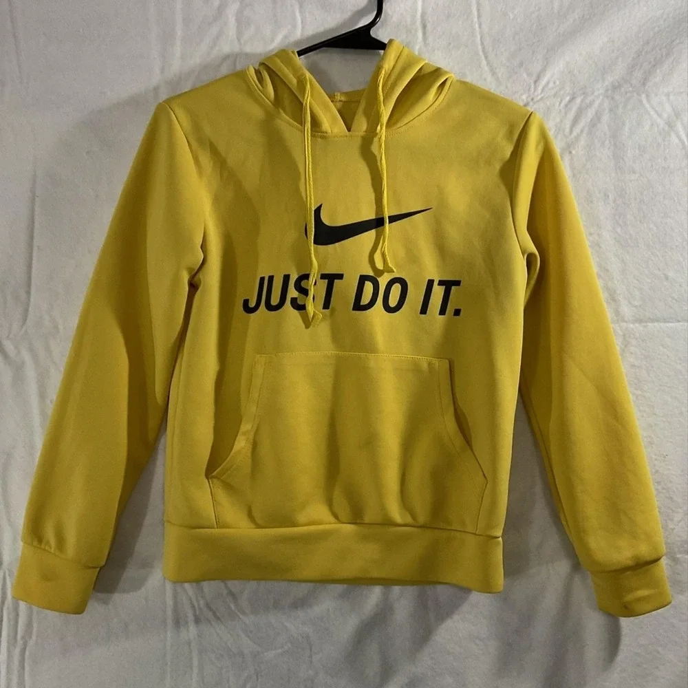 Nike‎ Hoodie Womens Medium Yellow Just Do It Pullover Sweatshirt Fleece Logo